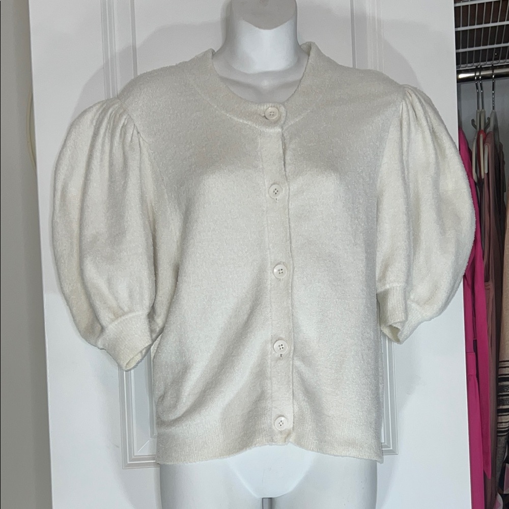 Alice & Olivia Nylon Ivory Puff Sleeve Button Cardigan
